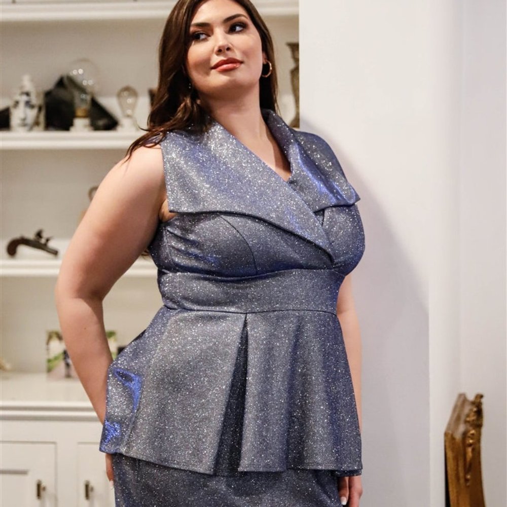Glitter Collared Peplum Plus Mini Dress